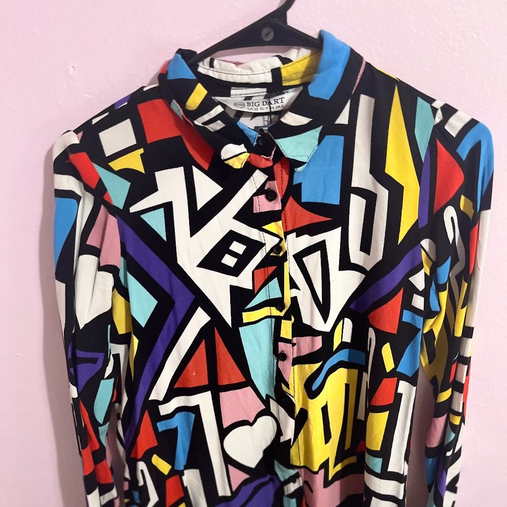 Abstract Pop Art Print Vibrant Colorful Button Down